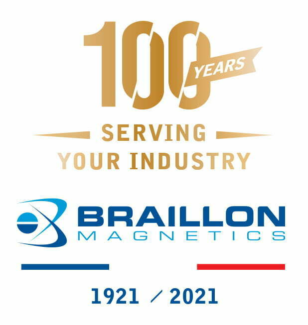 Industrial magnetic systems by braillon magnetics 100 year anniversary white logo